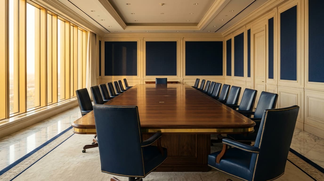 Empty stately conference room interior at golden hour